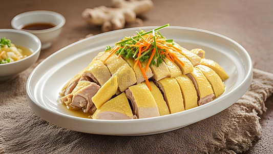 广式白切鸡搭配香葱与蘸料的家常佳肴