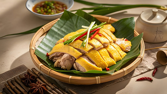 广式白切鸡搭配酱油蘸料的简约风味