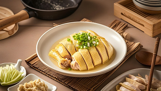 经典白切鸡搭配香葱点缀的广式传统美味