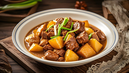 土豆炖牛腩搭配蔬菜的健康美味