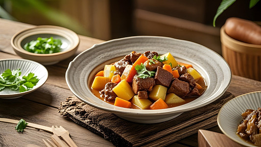 土豆炖牛腩搭配新鲜香草的健康美味