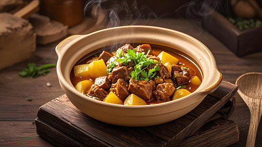 土豆炖牛腩的经典乡村风味美食呈现