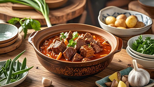 乡村风格的土豆炖牛腩搭配新鲜香草点缀