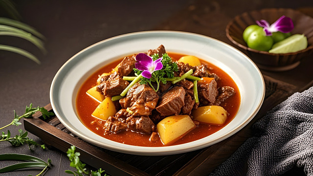 精致陶碗装盛的土豆炖牛腩的家常美味