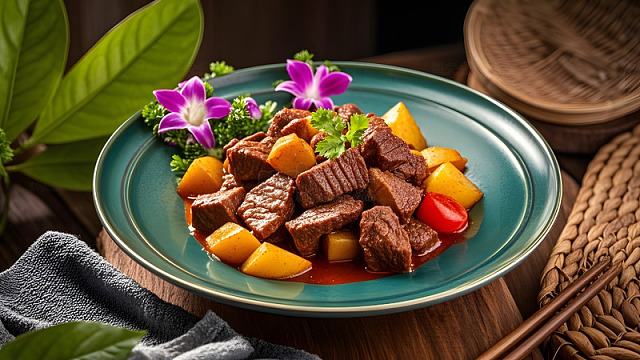 土豆炖牛腩搭配鲜艳蔬菜的美食艺术