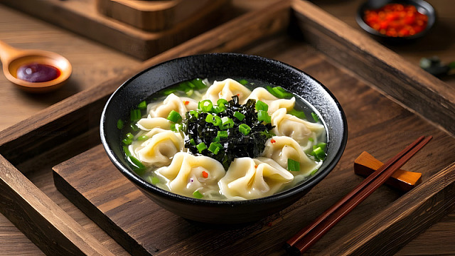 现代餐桌上的馄饨与配菜健康佳肴