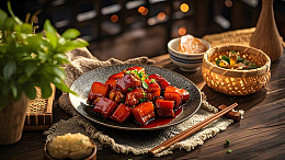 木质餐桌上的红烧肉与配菜中式美味