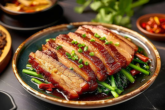 一盘美味的卤肉片和蔬菜