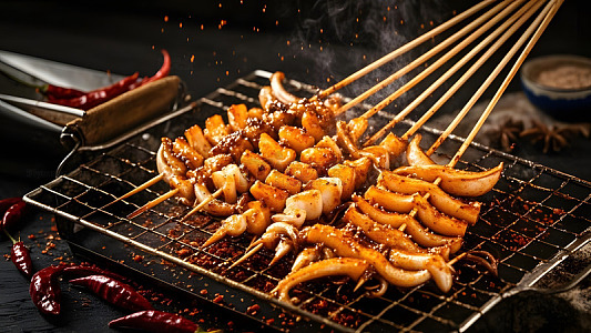 精心烹饪鱿鱼八爪鱼美食摄影图