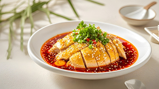 精致白盘中盛放的凉拌鸡健康美食