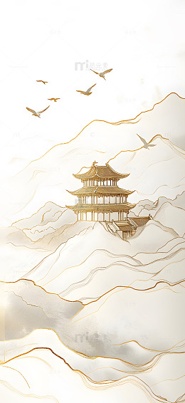古风金色线条古建筑和飞鸟烫金元素