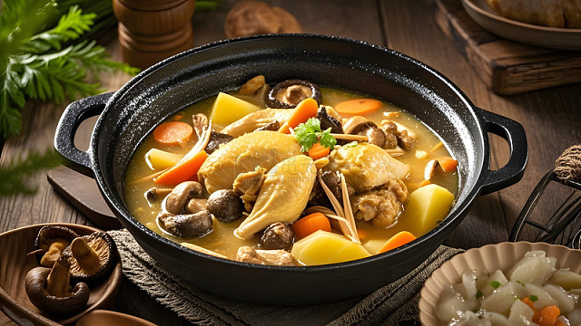 陶瓷砂锅中盛放的中式养生炖鸡汤品