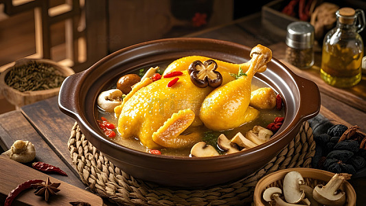 深色背景衬托下的炖鸡养生美食艺术