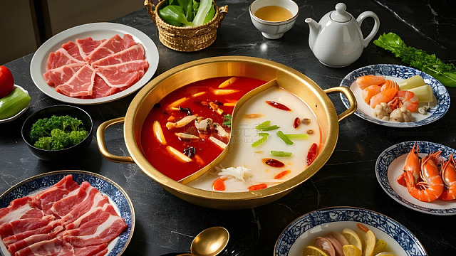 传统铜锅火锅与精致食材组合的宴席场景