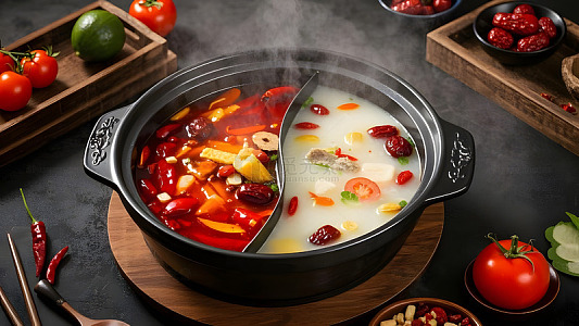 沸腾鸳鸯锅底与丰富涮菜的经典火锅美食