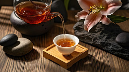 岩石背景下的陶瓷茶杯与红茶冲泡艺术