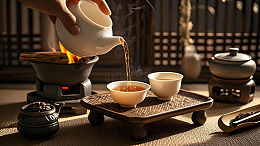 传统陶壶倒入茶杯中的养生红茶场景