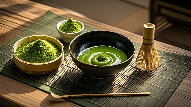 抹茶粉与陶瓷茶具的中式茶艺展示