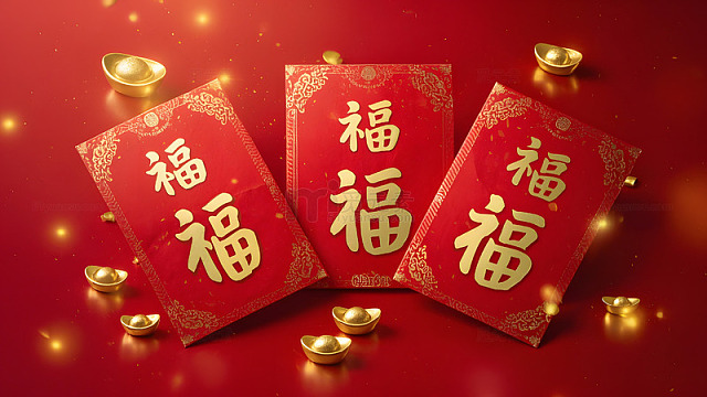 春节红色红包与金元宝