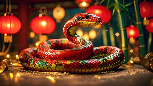 红色蛇年装饰与节庆气氛