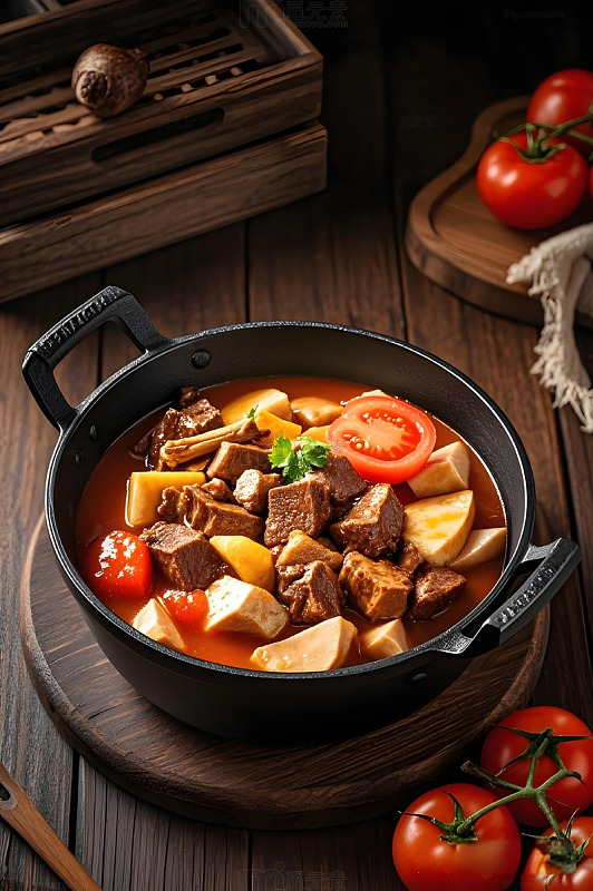 美食摄影蕃茄芋头牛腩煲