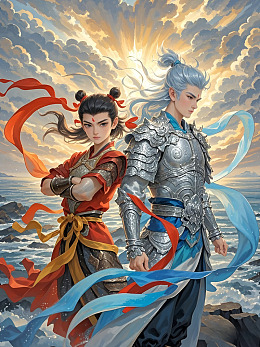哪吒敖丙卡通插画人物背景
