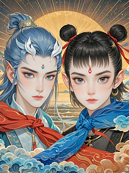 敖丙和哪吒插画背景素材