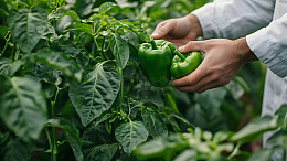 农场里采摘新鲜青椒的双手