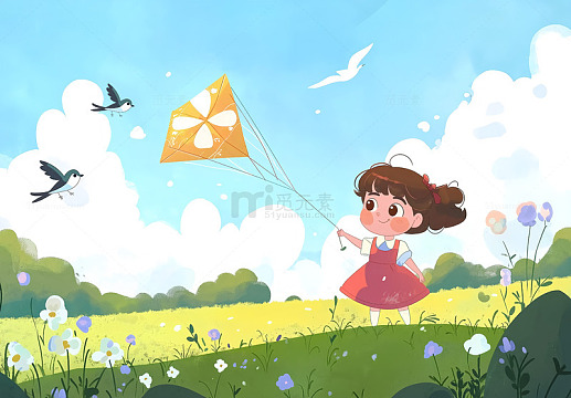春季放风筝的小女孩插画背景