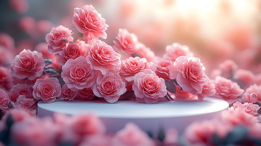 春日阳光下的粉色玫瑰花坛