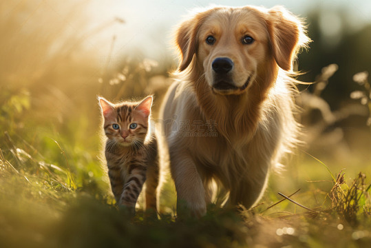 小狗和猫咪并排行走