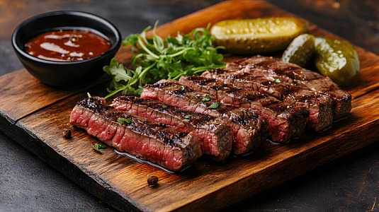 木制托盘上的烤牛排配黄瓜和酱料
