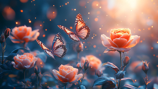 蝴蝶飞舞在盛开的玫瑰花丛中