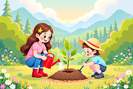 植树的卡通人物插画背景