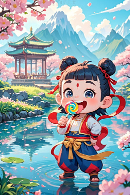 古风水彩哪吒Q版卡通画