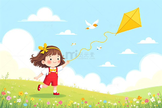 春日卡通女孩放风筝插画素材