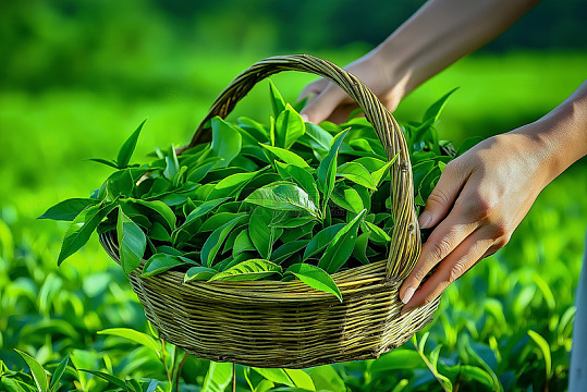 手拿一篮子茶叶摄影图
