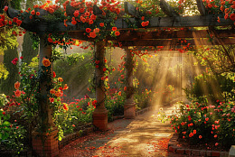 花藤缠绕的公园凉亭