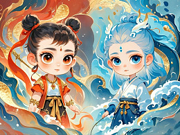 哪吒和敖丙国风手绘海报3