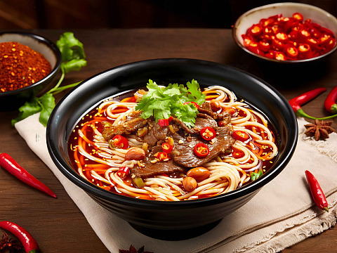 香辣牛肉拌米粉美食摄影