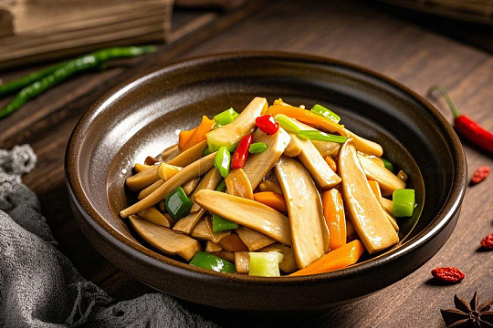 香辣彩椒炒杏鲍菇美食摄影