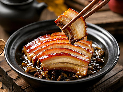 筷子夹起的扣肉