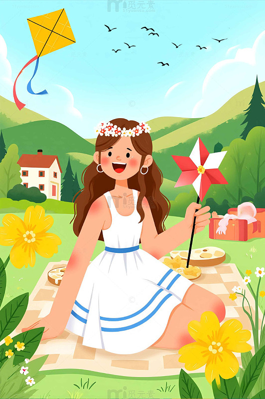 春分可爱女孩野外露营卡通插画