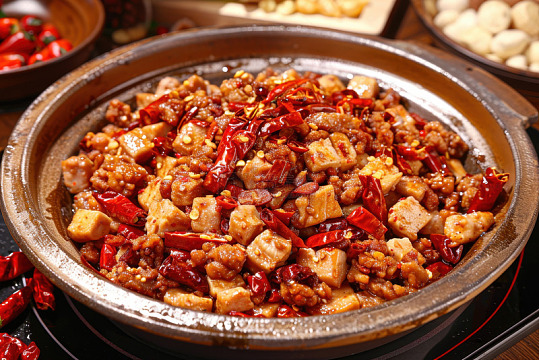 一盘爆炒辣子鸡美食