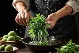 手工清洗艾草叶摄影图