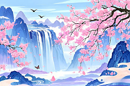 粉蓝交织的春景插画背景