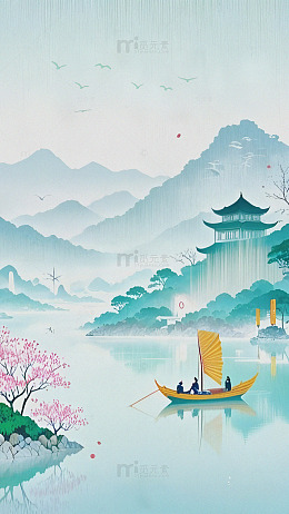 清明雨景泛舟图新国风插画背景