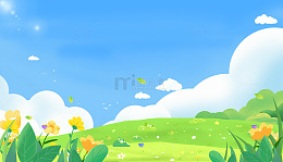 绿色春天户外草坪田野蓝天白云装饰插画背景