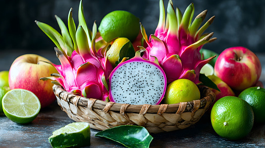 多种热带水果放在编织篮子里