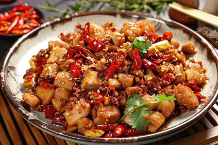 一盘爆炒辣子鸡食物